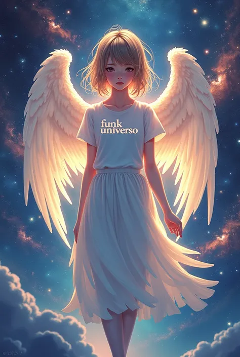 Anime angel girl on the green background of the universe,  with the inscription on the t-shirt  "FUNK UNIVERSO "