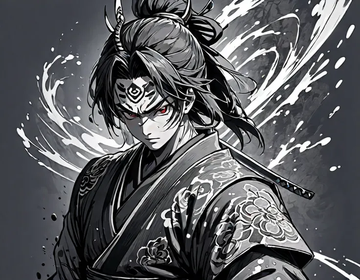 Create high quality 8K Ultra HD digital art, a samurai warrior, Japanese tattoo art, ink splatters, ink swirl, Arabic writing, art at its best, black plus white and gray, blood and black background