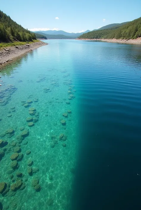 Comparison of clean vs .  contaminated water and photos of bodies of water in crisis.