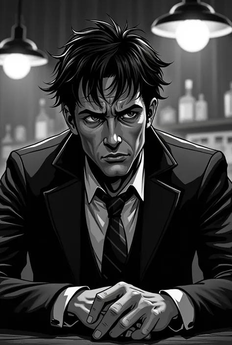 "Black and white comic strip , Close-up of a tired and disheveled detective, sitting in a dimly lit bar ,  Realistic style, Film noir atmosphere ,  detailed facial expressions ."