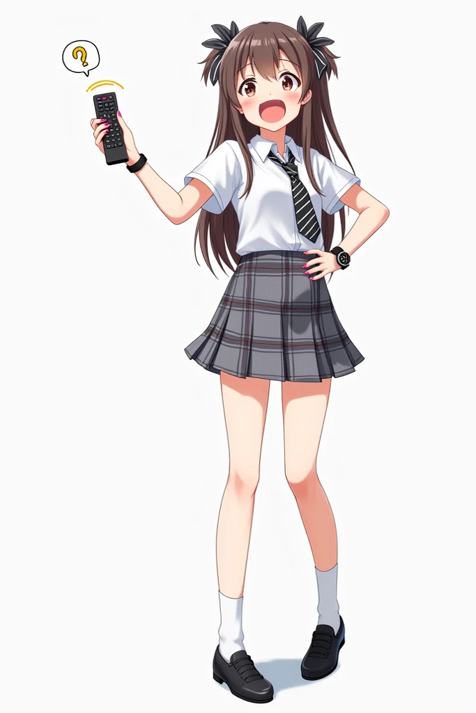 Teenage woman with two bows in her hair standing full on the front and her legs and wearing black shoes and uniform white shirt short sleeves and with black watch and pink nails and black tie with black and white lines school and with a plaid skirt in gray...