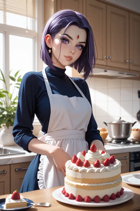 Raven character from the Teen Titans, With Apron, in the kitchen, making a cake