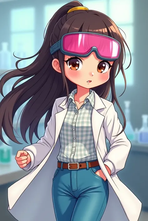 Cartoon science girl with long dark brown hair, pink lenses, Chinese eyes,  white skin , white coat, pink mouth, Blue pants, white flannel