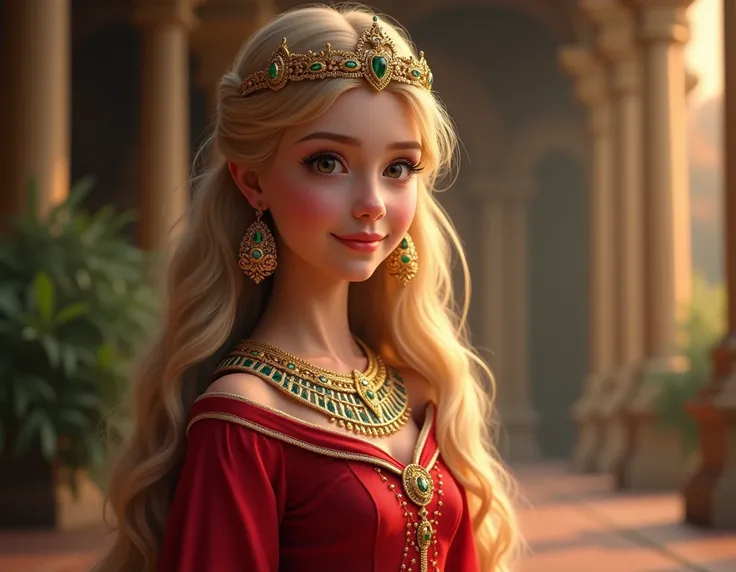 Una hermosa fotografía de  full body ,   of a beautiful young blonde princess with very long hair like Rapunzel,  she wears a beautiful long red princess dress ,  on her head wears a beautiful gold crown ,  around her neck she wears a beautiful Egyptian go...