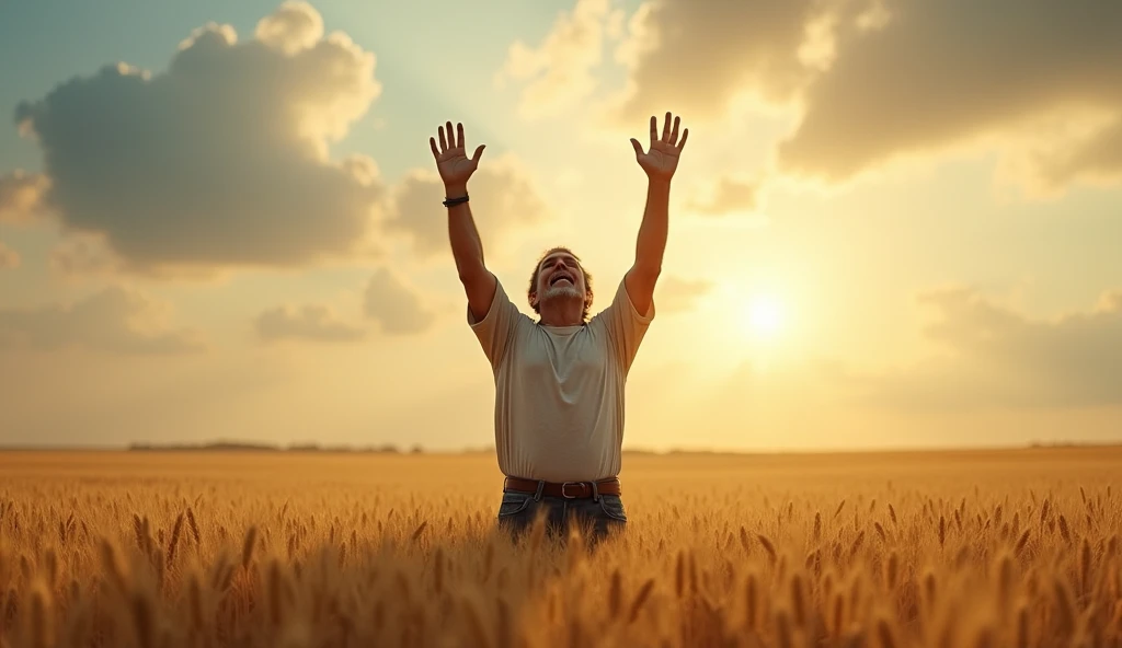 A man in the middle of a wheat field, with his hands raised to the sky and the sun shining behind clouds. Expression of trust and surrender.