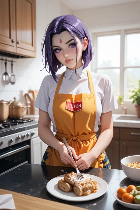 Raven character from the Teen Titans, With Apron, in the kitchen,  doing brigandeiro 