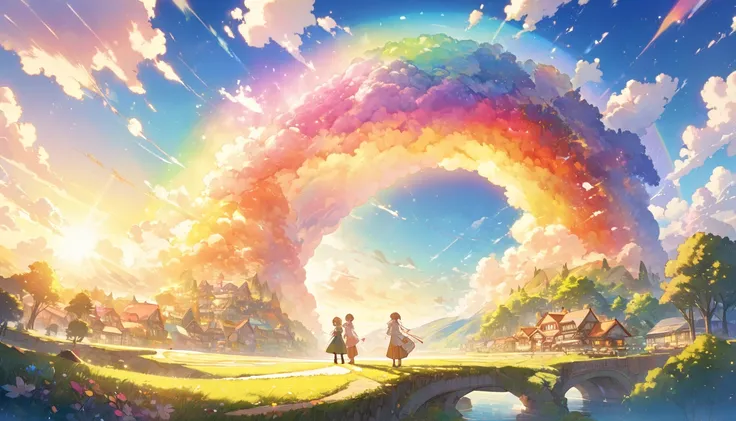 Prompt ideas:
"    depicting a bright rainbow arch crossing the horizon   ,   quiet atmosphere   symbolizing an unshakeable bond and a hopeful future  ,     Great Setting    .     golden sunlight filter      ,   Wonderful World  ,  A vast world  ,    Were ...