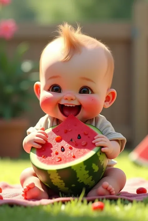 6 months baby eating a watermelon 