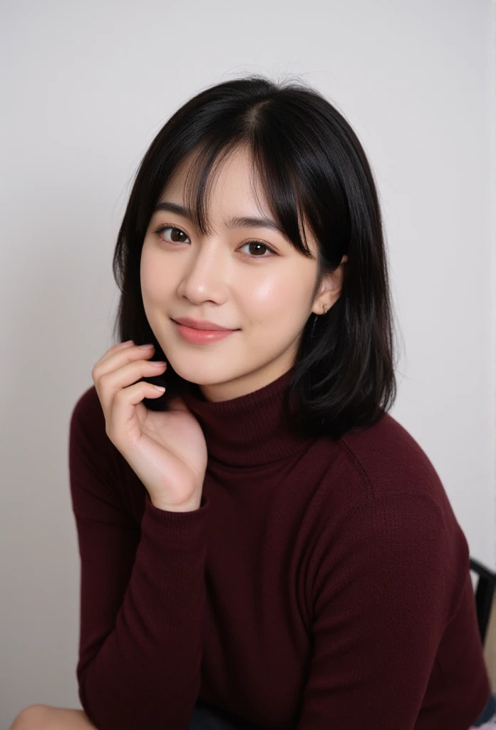 woman in her mid-30s, straight black hair with side bangs, wearing a maroon turtleneck, subtle makeup, gentle smile, studio lighting, clean background, highend camera look