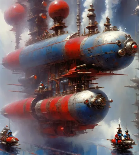 John Berkey Style page, steampunk, fog, smoke, (masterpiece:1.2), best quality, 16K, port, steampunk space ship, blue red silver theme, 