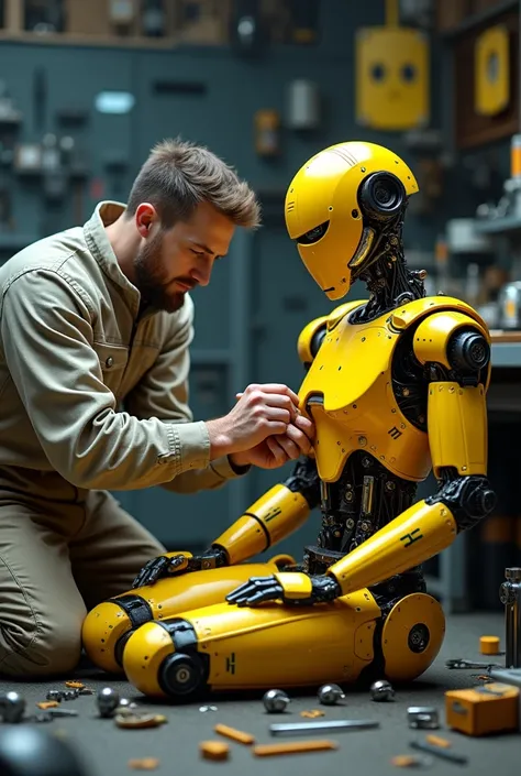 Man fixing a seated robot , Yellow in color