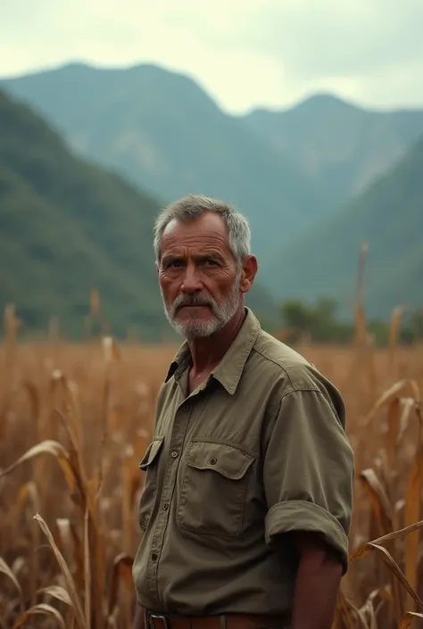 A middle-aged Brazilian farmer with weathered features and worried eyes standing in a drought-stricken field. He wears simple work clothes, looking at dried crops. Mountains frame the background against a harsh sky. Early morning light emphasizes the barre...