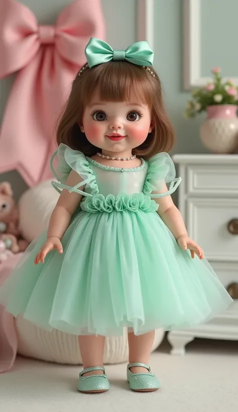  hyper realistic image painted in oil of a cute chubby baby doll ,  with smooth brown hair and an enchanting smile , wearing elegant mint green with many layers on the skirt ,  with a voluminous tulle skirt and shiny details ,  in addition to large bows on...