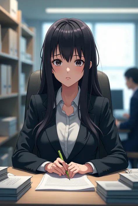 Cute anime girl, adult, long black hair, wearing a suit, working on an office, serious expression