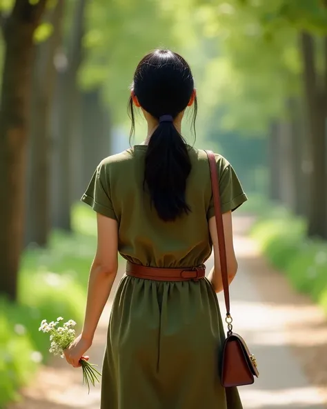 A scenic shot of a young woman walking through a tree-lined park or a charming street. She is seen from behind, holding a small bouquet of delicate wildflowers, like daisies, in one hand. Her dark black hair is tied back in a loose ponytail, and she’s wear...