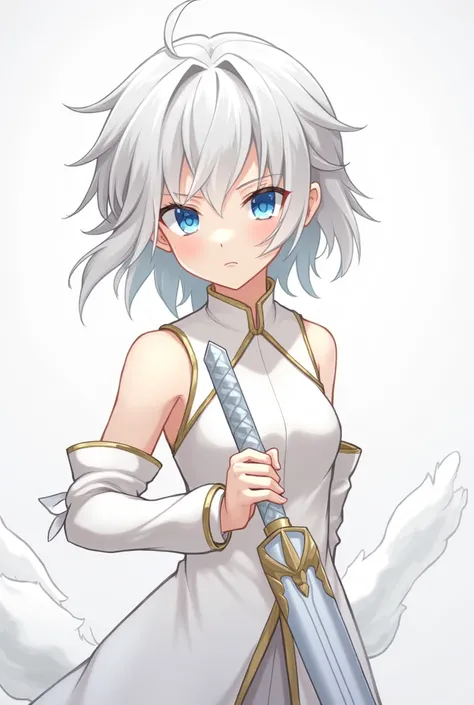  The protagonist has short silver hair ,  with slightly disordered threads ,  giving her a youthful and delicate appearance .  Her eyes are light blue , penetrating,  and her expression is soft ,  but with a calm that transmits confidence . Ela veste um tr...