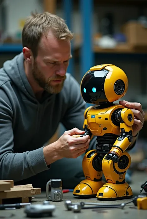 Man fixing a seated robot ,  in yellow color and smaller in size with blue eyes, with the round head and with the black face