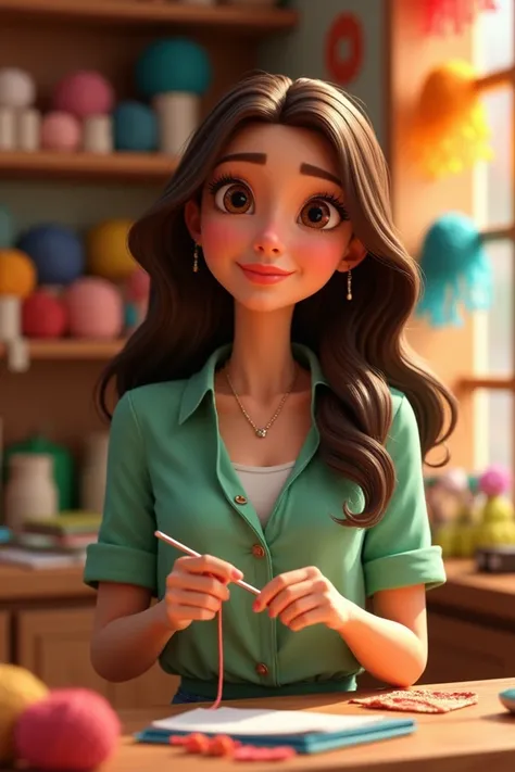  Prompts or description of the characteristics :  I want 3D PIXAR style of a beautiful woman with long loose wavy hair wearing a green blouse ,  brown eyes Professional elegant profession Craftsman holding crochet string and crochet hook, Scenario store wi...