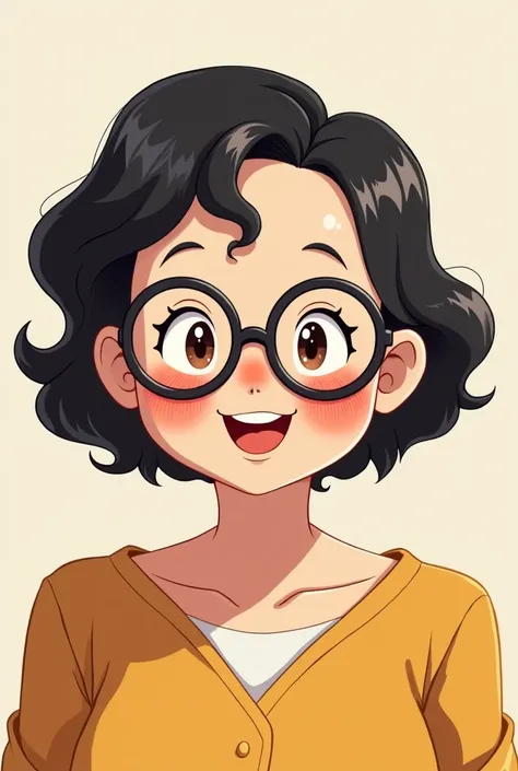 a chubby lady with short hair wearing glasses. anime look