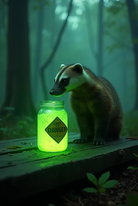 A honey badger fearlessly investigating a glowing green toxic jar with a danger sign, placed on a wooden platform in a dense forest, cinematic composition, photorealistic details, eerie glowing green light reflecting off the badgers coarse fur, misty atmos...