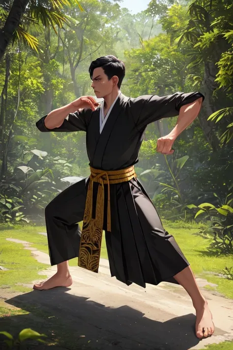 masterpiece, high quality, cinematic lighting, A man wearing black and brown silat clothes performs Indonesia traditional martial arts movements in the middle of a tropical forest. Both wore traditional Malay clothing complete with black tanjak (kopiah) an...