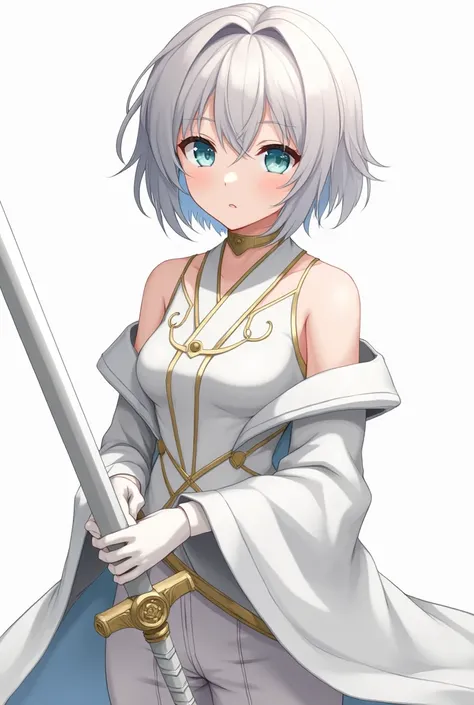  The protagonist has short silver hair ,  with slightly disordered threads ,  giving her a youthful and delicate appearance .  Her eyes are light blue , penetrating,  and her expression is soft ,  but with a calm that transmits confidence . Ela veste um tr...