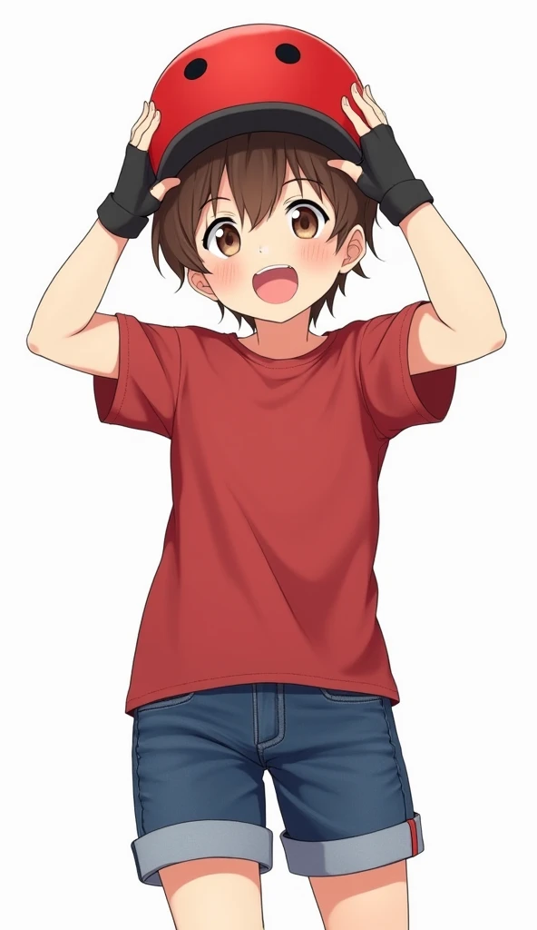 a reallistic photo of a  boy with a red shirt holding his removed red skater helmet with his two hands, Ray Tracing, realistic, dramatic, by Hanabusa Itchô, 1boy, blue_shorts, blush, smile, open_mouth, brown_eyes, brown_hair, shota, twink, male_femboy, oto...