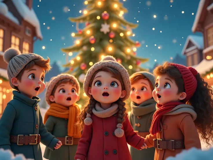  Boys and girls from 12 to  ,  singing Christmas carols . with Christmas background .  Must have features like Disney dolls