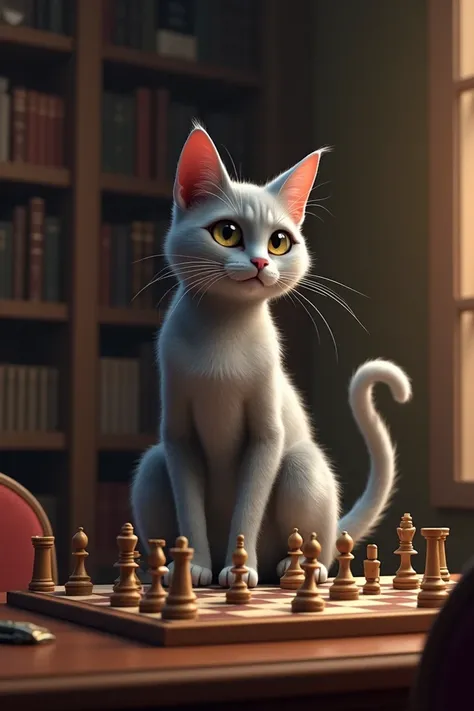 Grey cat playing chess and flirting