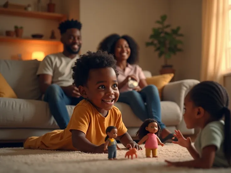  black boy playing with his dolls in the living room and black parents watching television