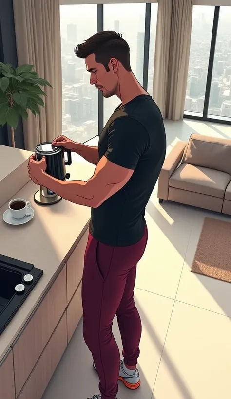 A webtoon-style illustration with an aerial perspective of a tall, athletic man, approximately 1.90m, making coffee in a modern open kitchen. The view is from above, focusing on the top of his head, broad shoulders, and upper back. He is wearing a fitted b...