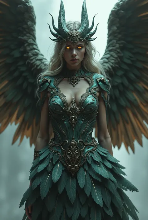 ( Best Quality ,,8K,highres, masterpiece :1.2),  full coat, (realistic,photorealistic,photo-realistic:1.37), 1 Beautiful female harpy, Greek mythology, evil eyes, Iridescent full body