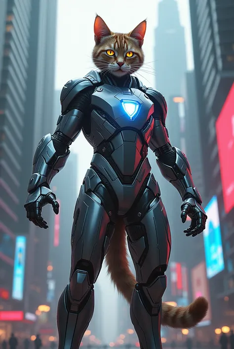 make a picture of a cat into a cool Iron Man superhero character