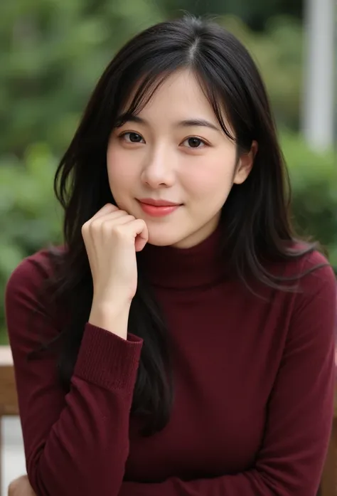 woman in her mid-30s, straight black hair with side bangs, wearing a maroon turtleneck, subtle makeup, gentle smile, studio lighting, outdoor background, highend camera look