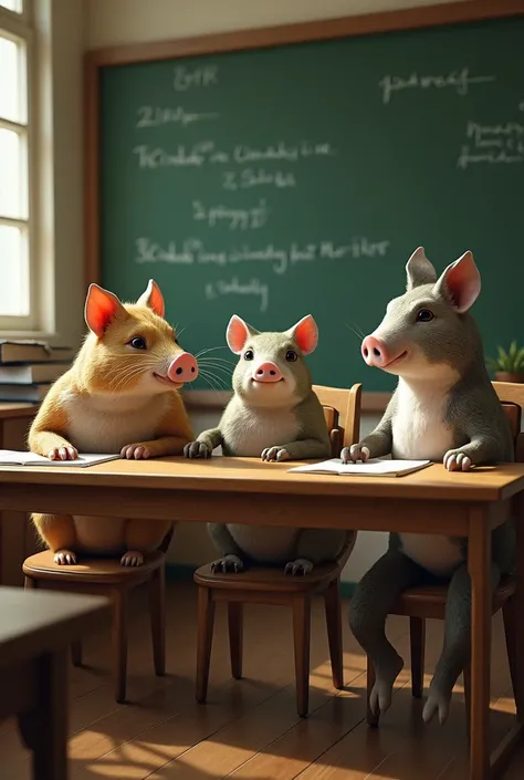  A classroom where there is a papudo student, a tilapia , a pig,  a parakeet , Sitting on the chairs, A realistic image