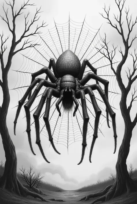 It is a pencil drawing ,  black and white .  It is a large spider with its cobweb house ,  its landscape has two trees and a sky with gray clouds. PLAY A HOUSE WITH A COBWEB