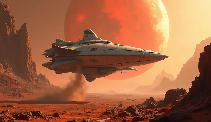  A different spaceship landing on a rocky planet, In the background to see another large red planet ,  realistic image ,  Cinematic  ,((( The ship is landing)))