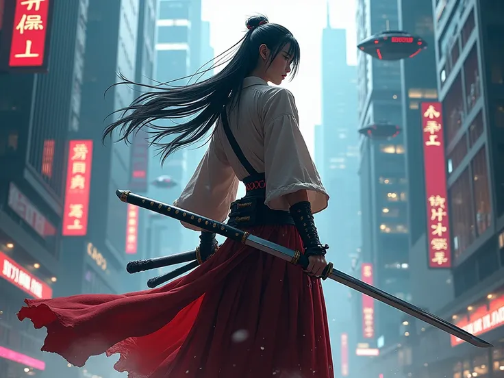 Long-haired Japanese warrior with katana in a futuristic city