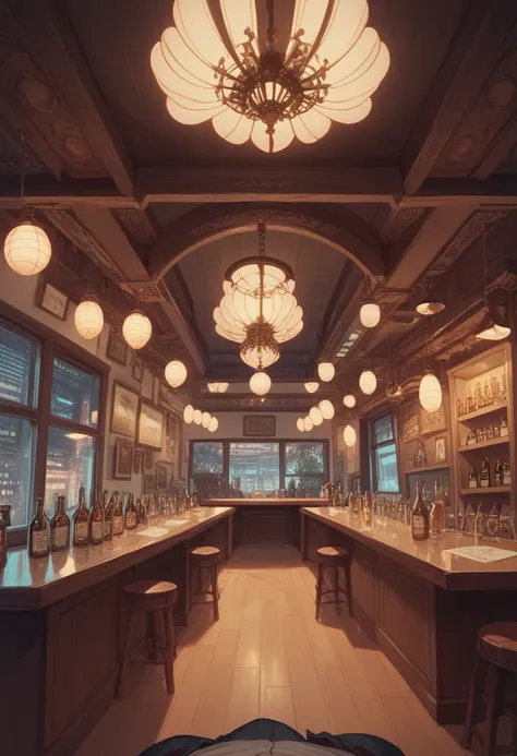 a dimly lit bar interior, various bottles of alcohol and restaurant themed objects, assorted colored lights, spacious interior  room inside a building, symmetrical composition, front facing camera, no perspective, first person view