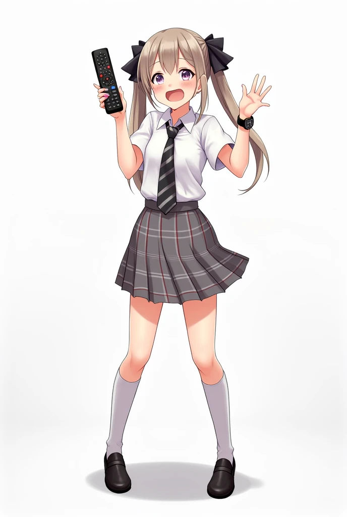 Teenage woman with two bows in her hair standing full on the front and her legs and wearing black shoes and uniform white shirt short sleeves and with black watch and pink nails and black tie with black and white lines school and with a plaid skirt in gray...