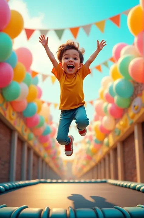  a cheerful  , Jumping on the trampoline ,  in the background colorful balloons and flags.