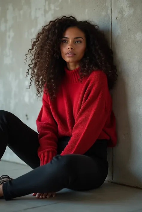 A beautiful mixed race woman with long curly hair, she is wearing a red knit sweater and black tailored pants; She is sitting on the floor, leaning against a concrete wall, with one knee bent and the other extended, looking casually to the side. Realistic ...