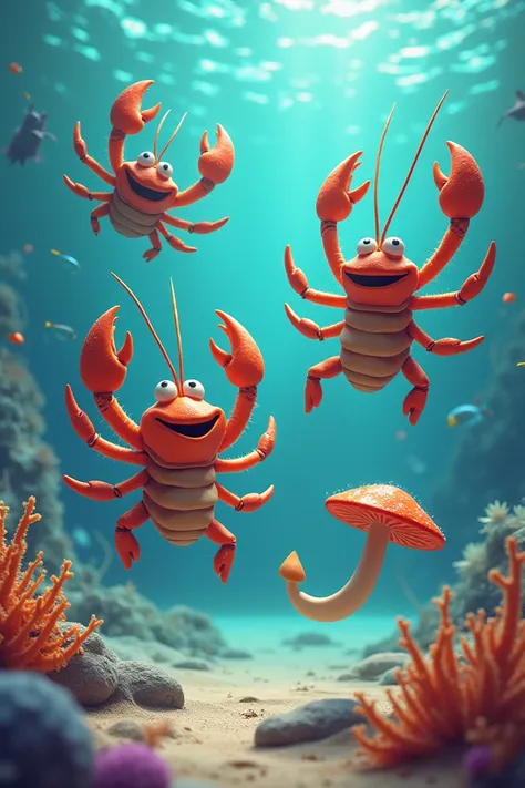 Crab, squid, lobster, mushroom and other chitinuous animals jumping with excitement