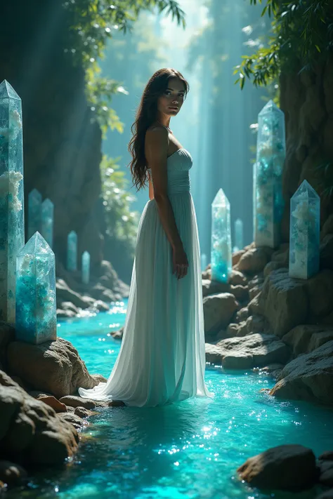 1girl, gorgeous European face, sparkling green eyes, long eyelashes, long white dress, very large breasts, Hundreds of d8fferent colored quartz crystals 6 to 9 feet tall, Many hundreds of  Extremely Large((taller than the girl))and thick crystal point form...