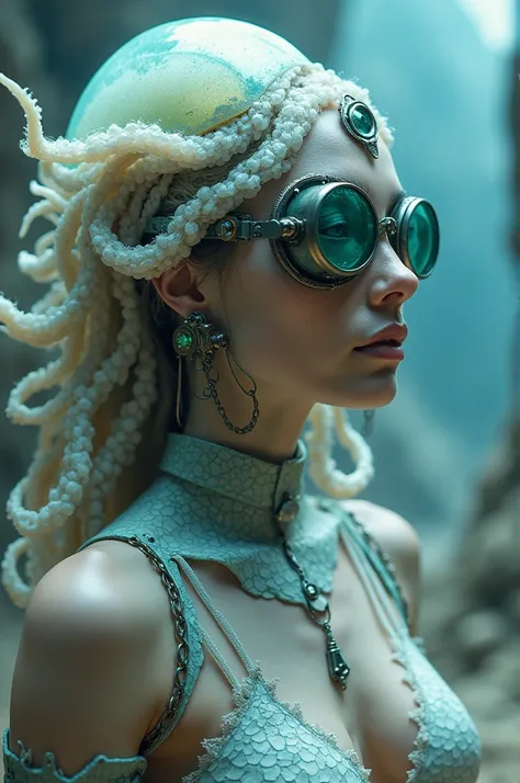 Ethereal Cyborg Woman, bioluminescent jellyfish tiara. Steampunk goggles merge with translucent tentacles. Cracked porcelain skin meets iridescent scales. Mechanical implants and delicate tendrils intertwine. Human characteristics with an otherworldly glow...