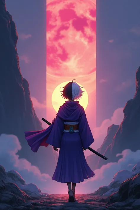 dark-skinned character, What is the pillar of the moon  (ficticio)  measures 1 .80 meters,  his hair is divided into 2 colors ,  black and white her eyes are blue and her haori is purple, Add a katana to her side as she walks towards the sunrise  