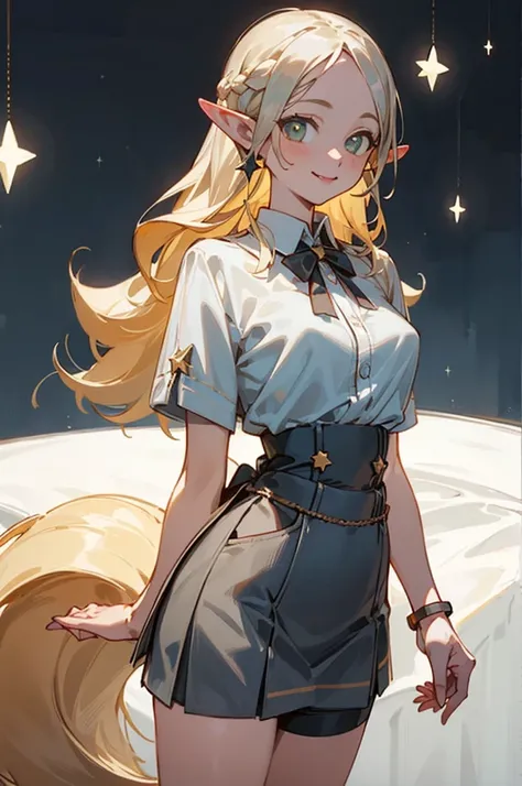 (masterpiece,  best quality)   Details, silver accessory ,  blonde alone , elegant , Pointy Ears ，Short white shirt，under boob,Shorts， Double Tail ，Waist-length hair，smile， checked mini skirt，Star decoration