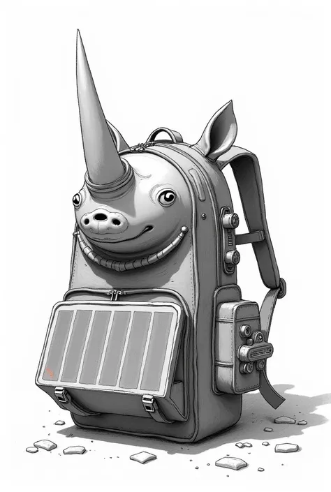 I want sketches of drawings made with pencil of a backpack with a rhinoceros horn, a solar panel on the front and electric tools 
