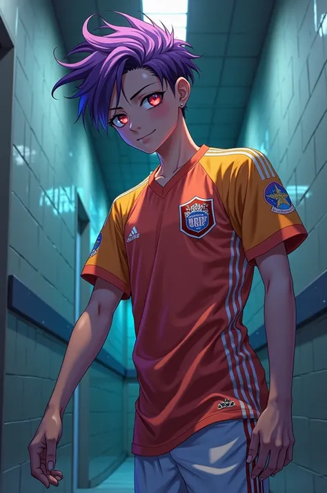 anime boy, teen, soccer uniform, diamante, multicolored hair, multicolored eyes , Asylum room, fullbody Asylum