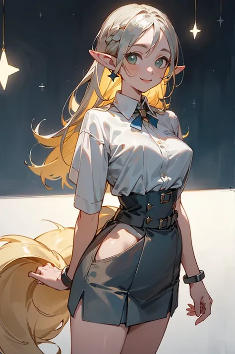 (masterpiece,  best quality)   Details, silver accessory ,  blonde alone , elegant , Pointy Ears ，Short white shirt，under boob,Shorts， Double Tail ，Waist-length hair，smile， checked mini skirt，Star decoration